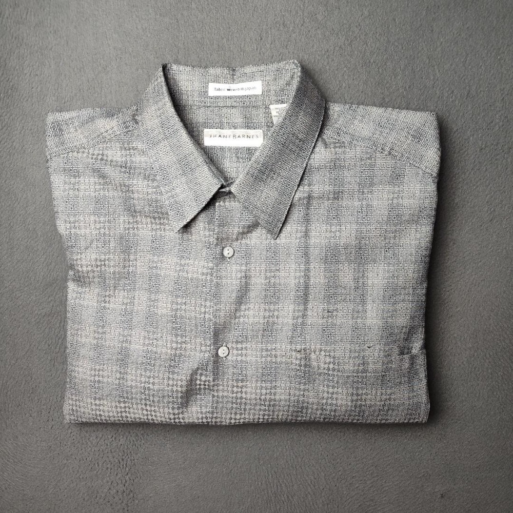 Jhane Barnes Shirt Mens Extra Large Gray Geometric Cotton Rayon Japan Button Up